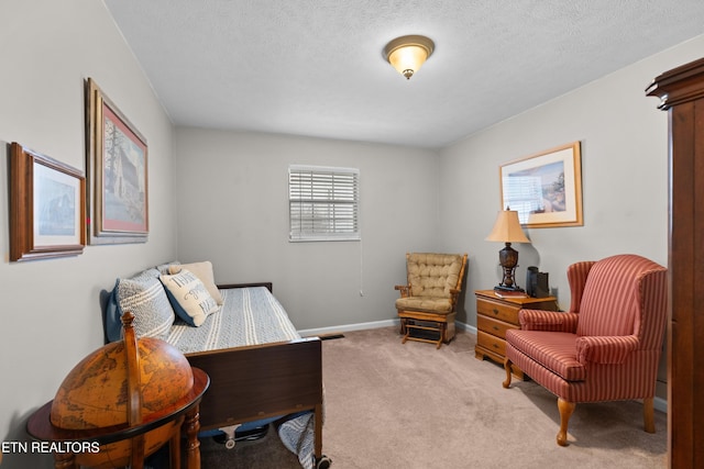 sitting room featuring carpet flooring and a textured ceiling