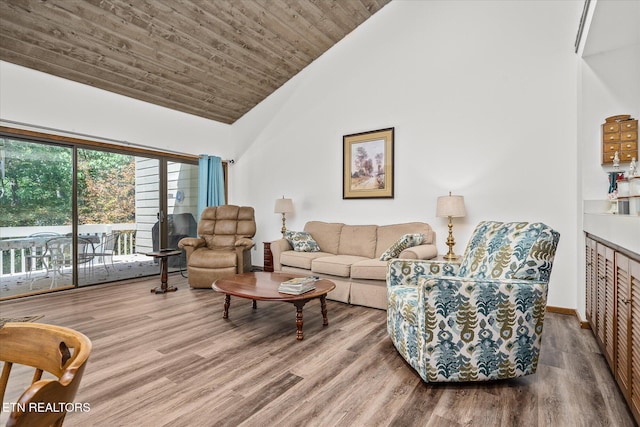 living room with wood-type flooring, high vaulted ceiling, and wood ceiling