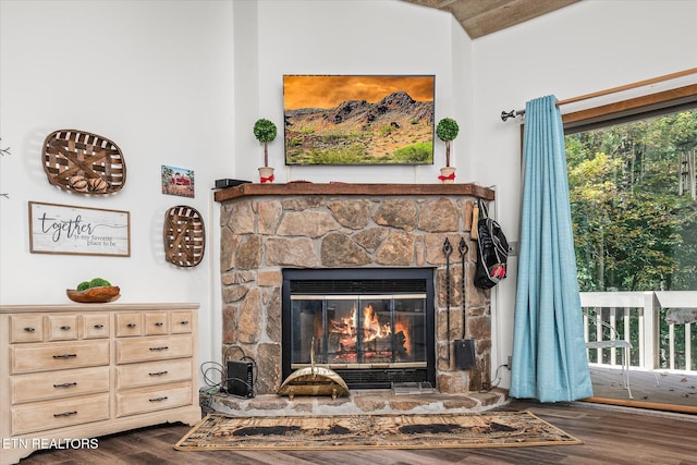 room details featuring a fireplace and hardwood / wood-style flooring