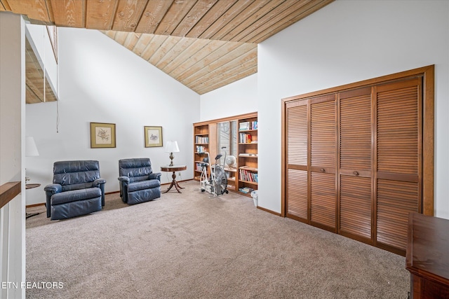 living area featuring high vaulted ceiling, carpet flooring, and wood ceiling