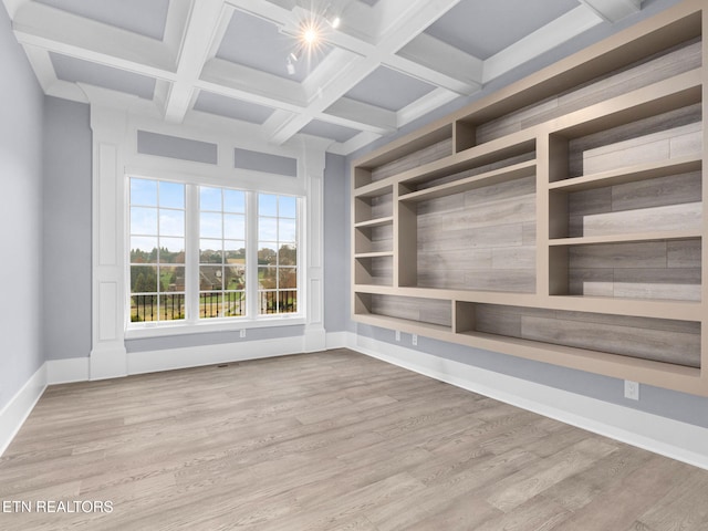 interior space featuring light hardwood / wood-style floors, coffered ceiling, built in features, and beamed ceiling