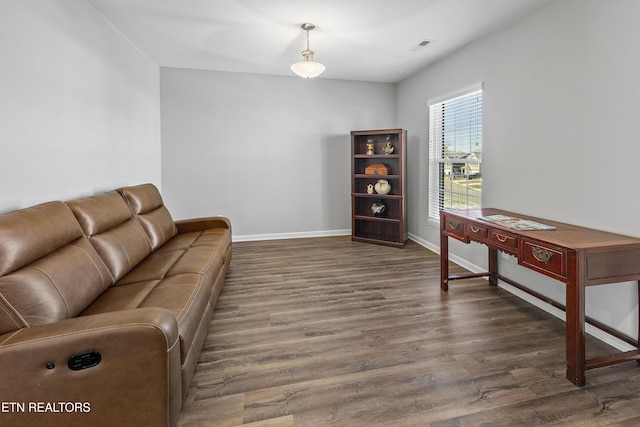 living room with dark hardwood / wood-style flooring