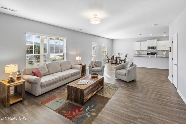 living room with a textured ceiling and dark wood-type flooring