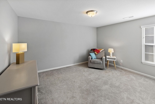 sitting room featuring carpet flooring and a textured ceiling