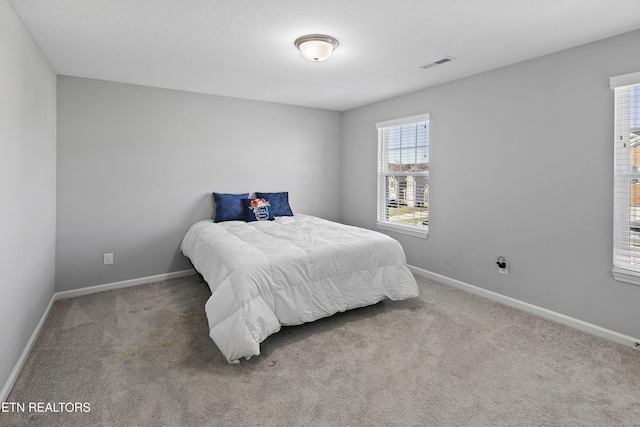 bedroom with carpet and a textured ceiling