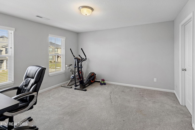 carpeted home office with a textured ceiling