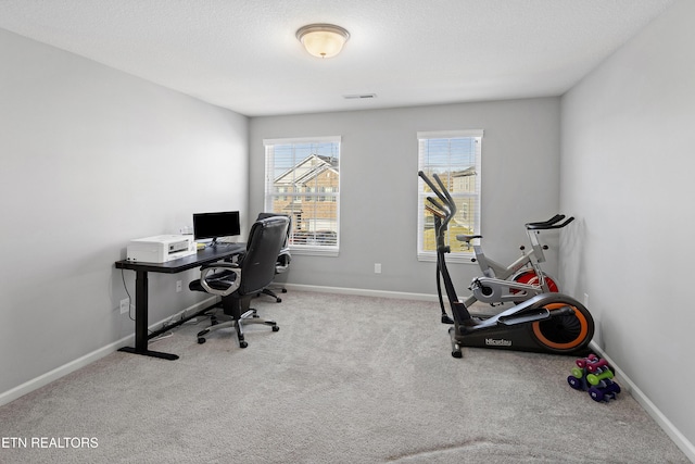 office space featuring light carpet and a textured ceiling