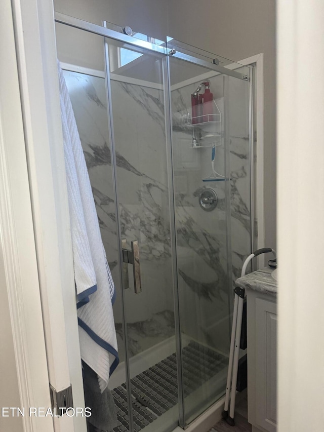 bathroom featuring a shower with shower door