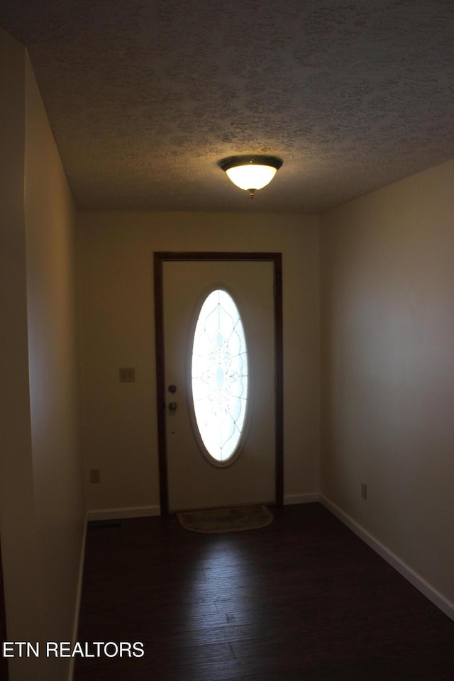 foyer entrance featuring a textured ceiling and dark hardwood / wood-style floors