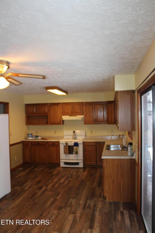 kitchen with sink, a textured ceiling, white appliances, ceiling fan, and dark hardwood / wood-style floors