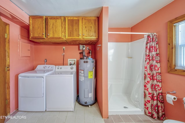 laundry room with water heater and washing machine and clothes dryer