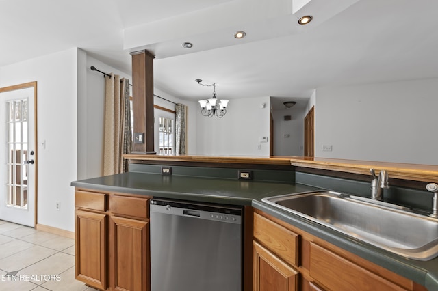 kitchen featuring stainless steel dishwasher, light tile patterned flooring, an inviting chandelier, and sink