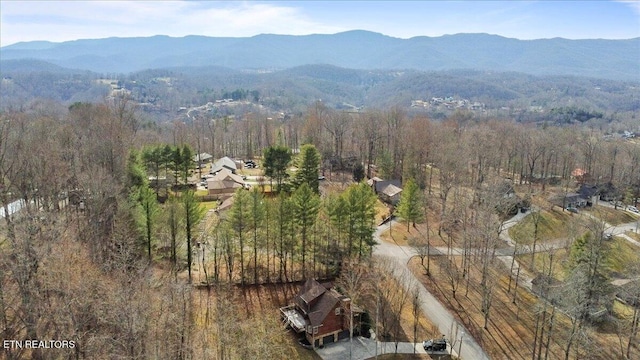 bird's eye view with a mountain view and a wooded view