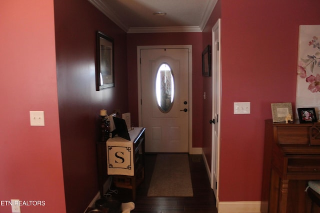 entryway featuring crown molding and dark wood-type flooring