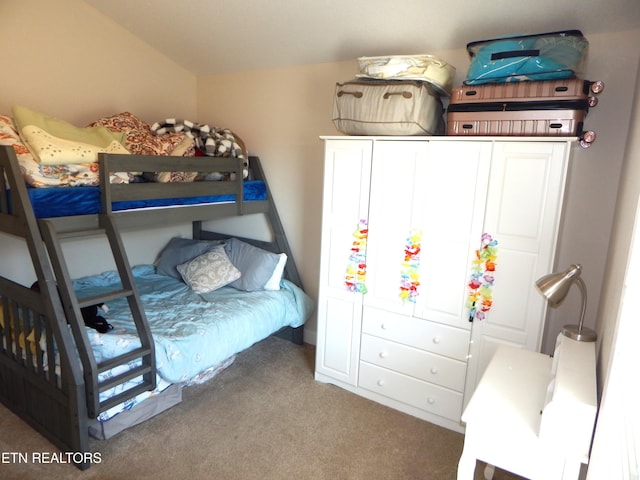 bedroom featuring carpet and vaulted ceiling