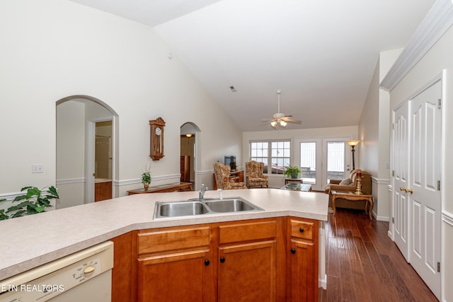 kitchen featuring lofted ceiling, ceiling fan, sink, dark hardwood / wood-style floors, and white dishwasher