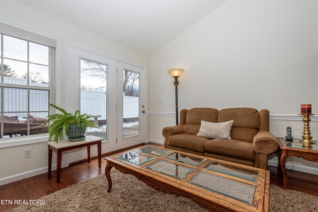 living room with vaulted ceiling and dark hardwood / wood-style flooring