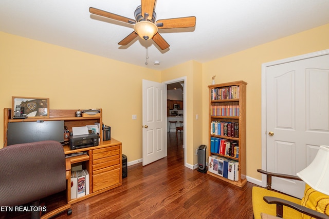 home office featuring ceiling fan and dark hardwood / wood-style flooring