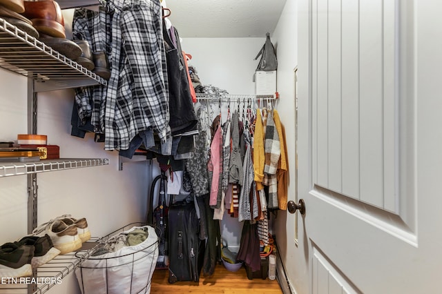 walk in closet with hardwood / wood-style floors