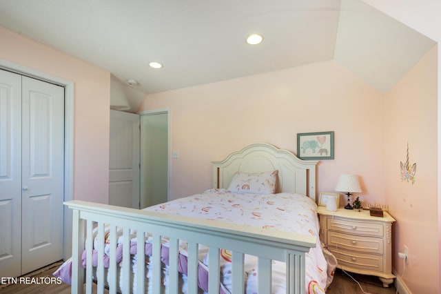 bedroom with lofted ceiling and a closet