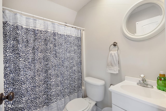 bathroom featuring toilet, vanity, and a shower with curtain