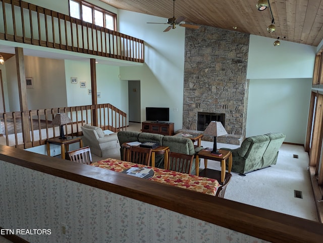 124 Sugarbush Cir, Crossville, TN 38558 - living room featuring wood ceiling, a ceiling fan, track lighting, high vaulted ceiling, and carpet flooring