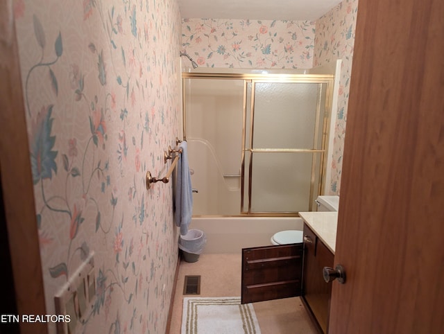 124 Sugarbush Cir, Crossville, TN 38558 - bathroom with vanity, combined bath / shower with glass door, wallpapered walls, and visible vents