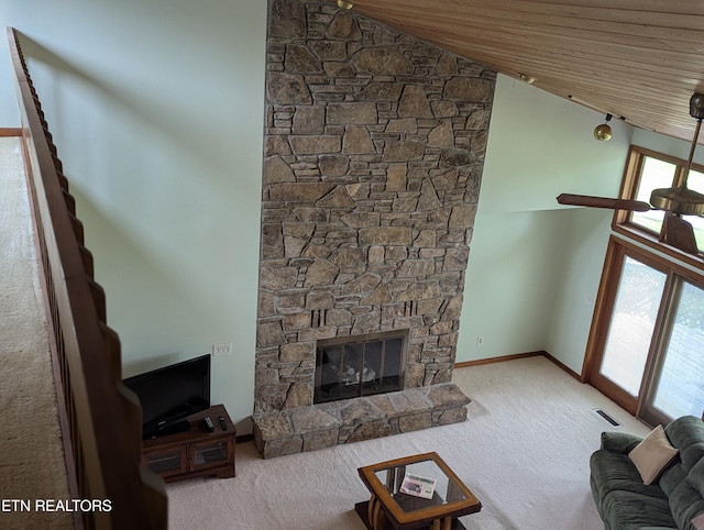 124 Sugarbush Cir, Crossville, TN 38558 - living area featuring visible vents, a fireplace, wooden ceiling, carpet floors, and baseboards