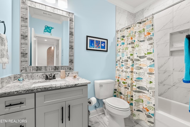 full bathroom with shower / bathtub combination with curtain, ornamental molding, toilet, and vanity