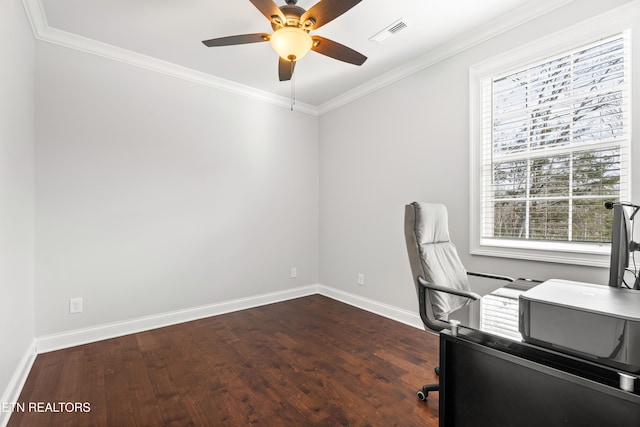 unfurnished office with ornamental molding, ceiling fan, and dark hardwood / wood-style flooring