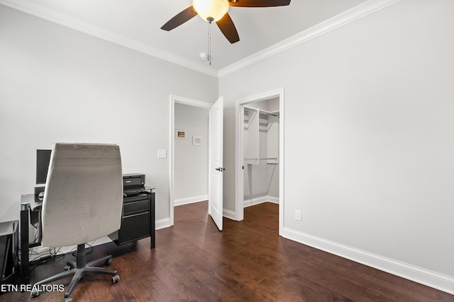 office area with ornamental molding, ceiling fan, and dark hardwood / wood-style flooring