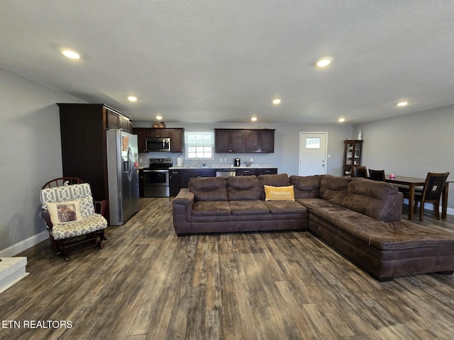 living room featuring dark wood-type flooring and sink