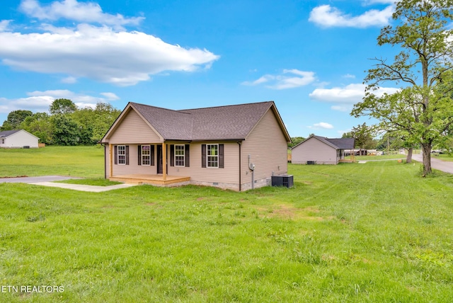 view of front of home with crawl space, central AC, a front yard, and covered porch