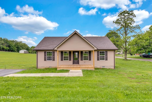 view of front of property with crawl space, a porch, a front yard, and a shingled roof