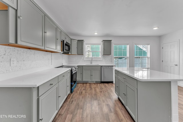 kitchen with sink, stainless steel appliances, a wealth of natural light, and gray cabinets