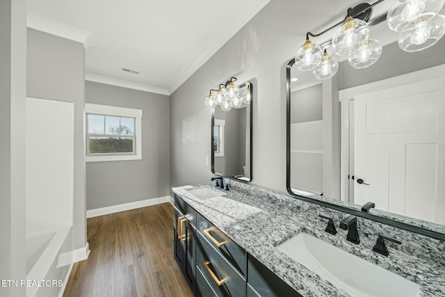 bathroom with vanity, crown molding, and wood-type flooring