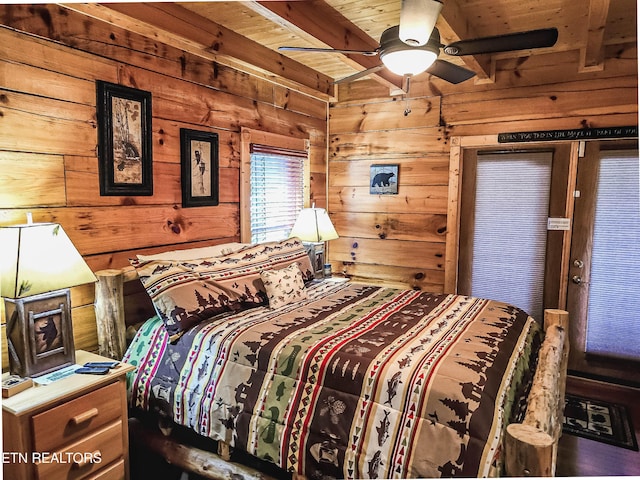 bedroom featuring beam ceiling, ceiling fan, wooden walls, and wooden ceiling