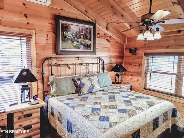 bedroom featuring ceiling fan, wood ceiling, vaulted ceiling with beams, and wood walls