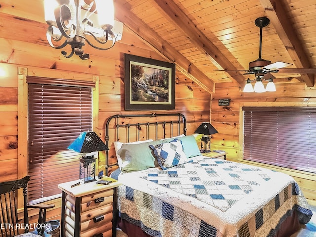 bedroom featuring wooden walls, wooden ceiling, vaulted ceiling with beams, and a chandelier