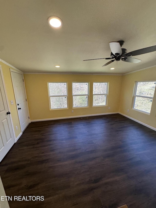 unfurnished bedroom with recessed lighting, baseboards, dark wood finished floors, and ornamental molding