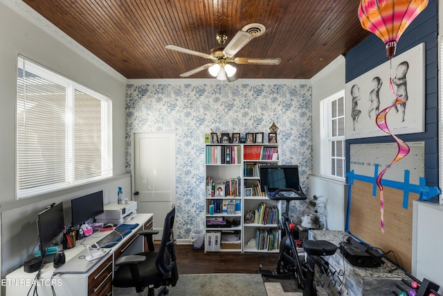 office featuring ceiling fan, wood ceiling, and crown molding