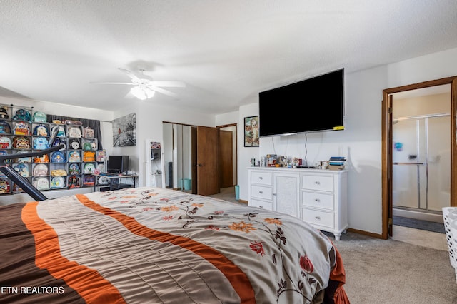 carpeted bedroom featuring ceiling fan and a closet