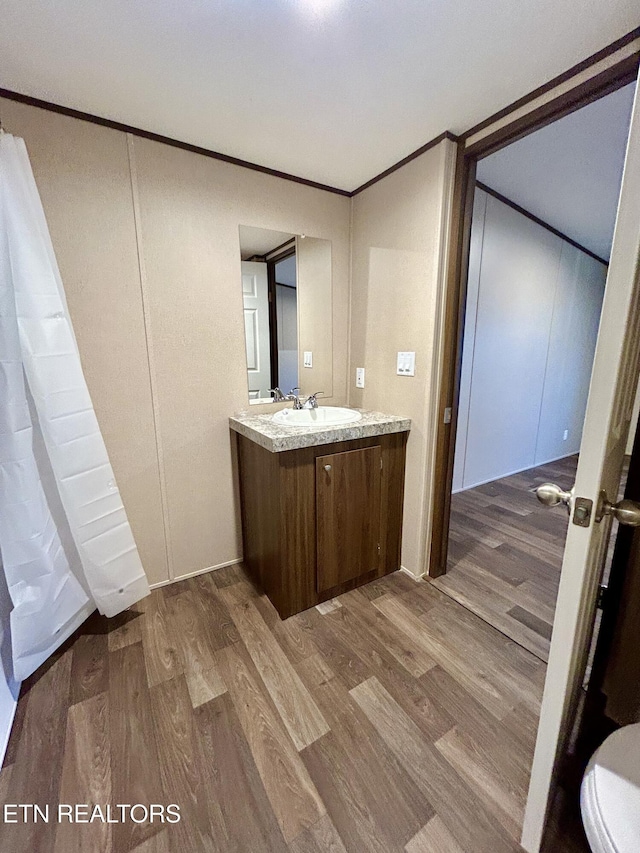 bathroom featuring vanity, crown molding, and hardwood / wood-style flooring