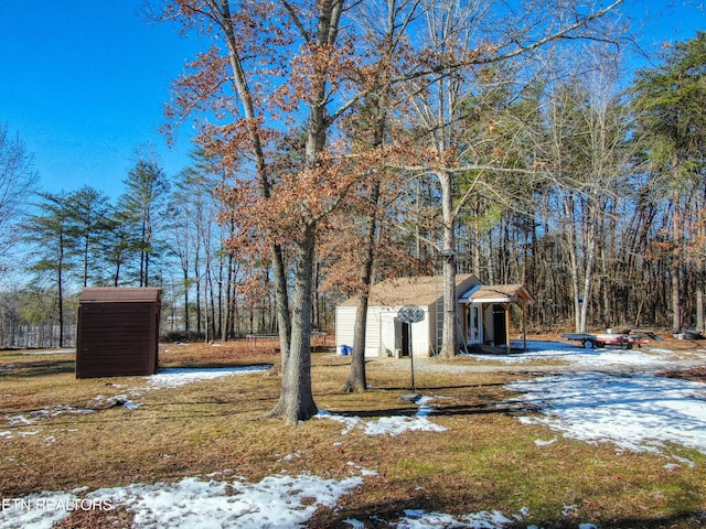 yard covered in snow with a storage shed