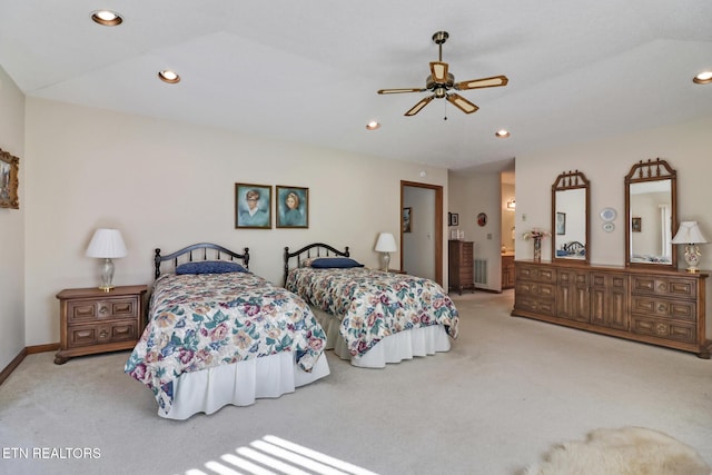 bedroom with light colored carpet and ceiling fan