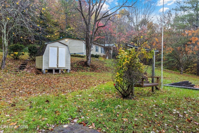 view of yard with a storage shed