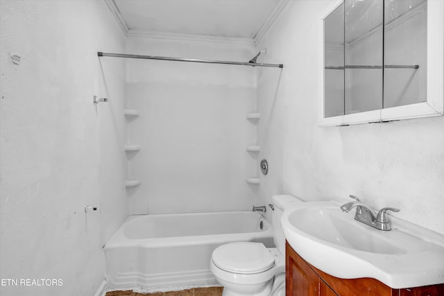 full bathroom featuring shower / bathtub combination, crown molding, vanity, and toilet