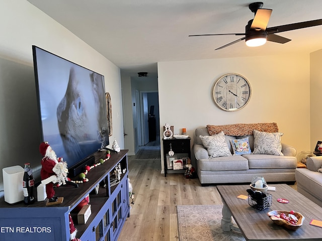 living room featuring ceiling fan and light hardwood / wood-style flooring