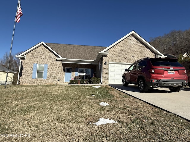 single story home with a front lawn and a garage