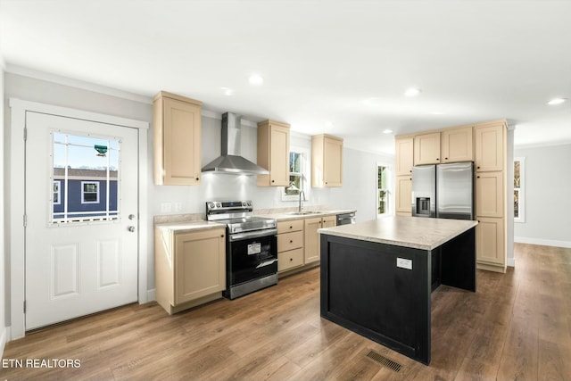 169 Dode St, Sweetwater, TN 37874 - kitchen with wall chimney range hood, appliances with stainless steel finishes, a sink, light countertops, and plenty of natural light